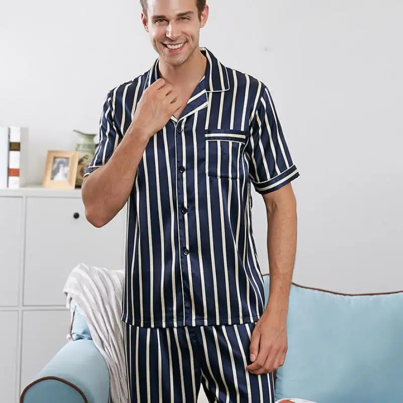

2PCS Sleep Set Intimate Lingerie Couple Sleepwear Striped Pyajamas Nightgown Lovers Homewear Satin Pajamas Suit Print Nightwear