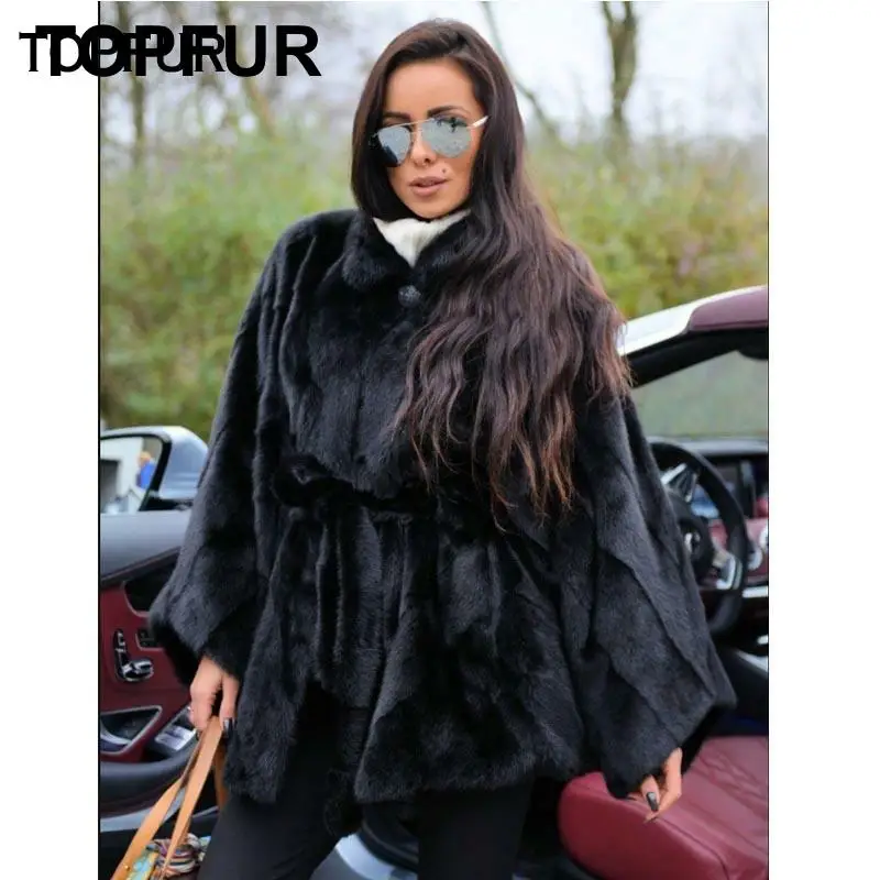 TOPFUR 2021 New Bat Type Real Mink Fur Coat Long Black Natural Mink Fur Coats Lapel With Belt Whole Skin Fur Warm Winter Outwear