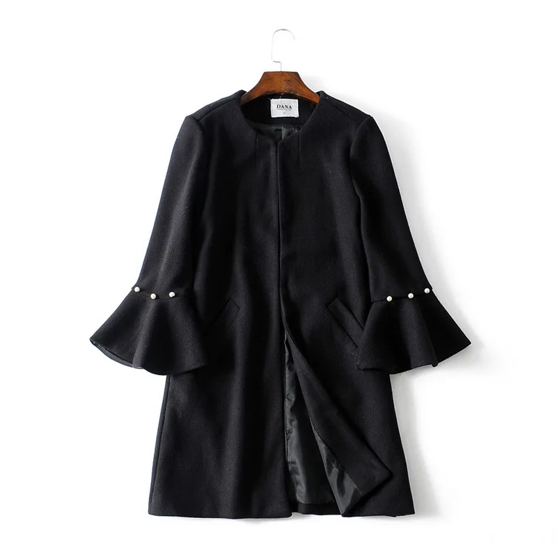 Женское шерстяное пальто осень 2019 Новая мода жемчуг с расклешенными рукавами