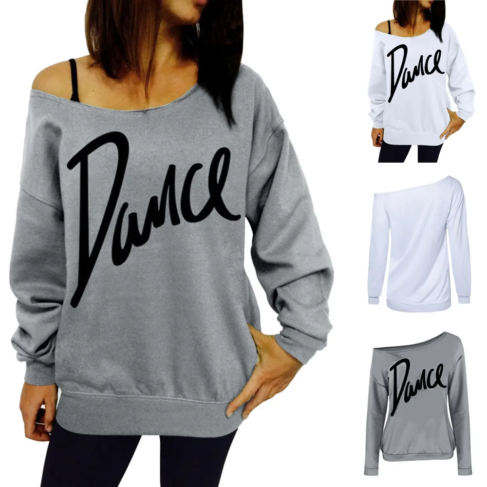 

Women Harajuku T-shirt Loose Slash Neck Sweatshirt Ladies Casual Letter Dance Pullovers Tops Streetwear Autumn Casual Tops#G
