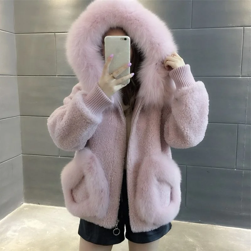 

Casual Fashion Artificial Fox Wool Collar Sheep Sheared Coat Women's Winter Korean Hooded Short Fur Trim Top Vintage Jacket