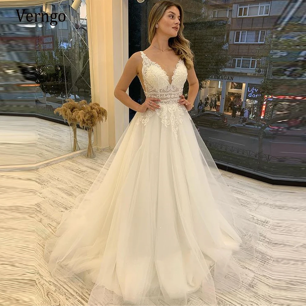 

Verngo, новинка 2021 года, элегантное ТРАПЕЦИЕВИДНОЕ кружевное женское платье с V-образным вырезом, Тюлевое платье с открытой спиной и шлейфом дл...