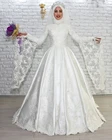 Роскошное мусульманское свадебное платье трапециевидной формы с высоким воротником и длинными расклешенными рукавами, кружевное женское арабское исламское платье, свадебное платье 2022
