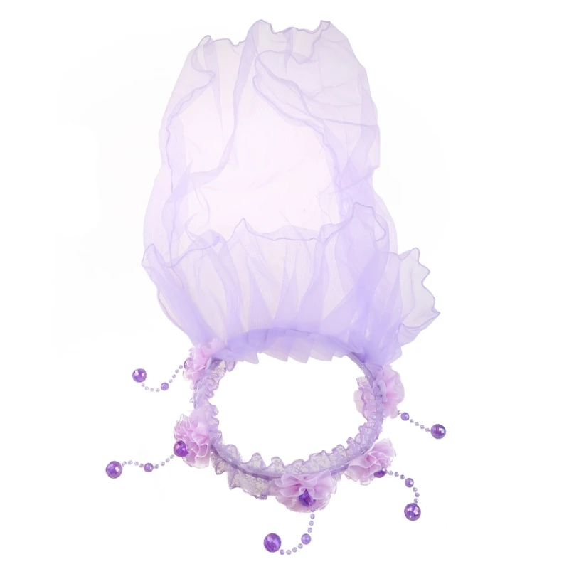 

Children Princess Hairband One Layer Tulle Bridal Veils Flowers Garland Wedding Party Wreath Headband Solid Color Beaded Tassel