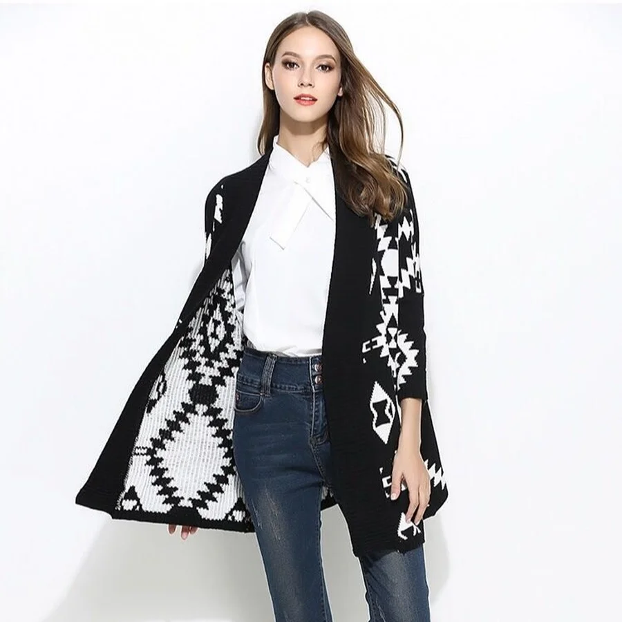 

2021 Autumn and Winter New Sweater Cardigan Contrast Color Jacket Women Mid-length Diamond Jacquard Knitted Cardigan Sweater