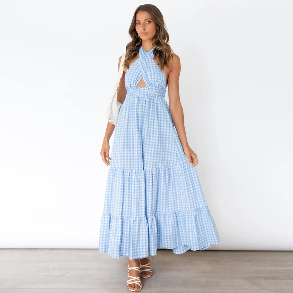 

2022 New Women Summer Long Dress Plaid Sleeveless V-Neck Ankle-Length Casual Wear Night Part Dress Clothes Beachwear