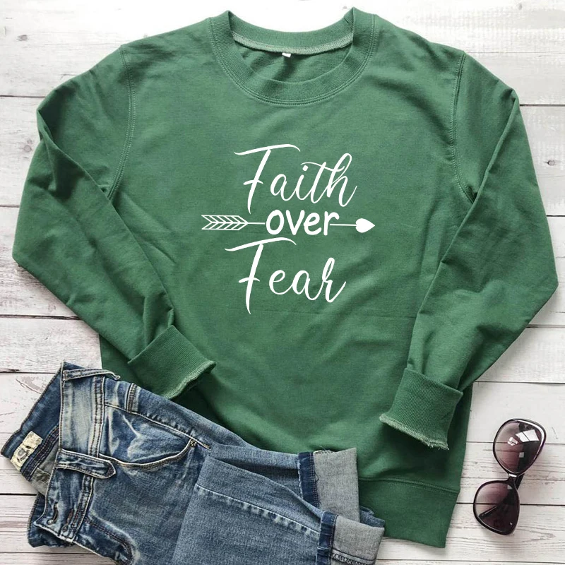 

Faith Over Fear Arrow Print Sweatshirt Inspiring Religious Women Christian Sweatshirts Casual Long Sleeve Jesus Bible Pullovers