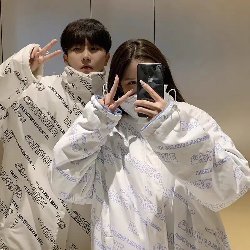 Jacket Men's Plus Velvet Thick Lamb Wool Loose Cotton Coat All-match Printed Cotton-padded Jacket Couples Cotton-padded Coat