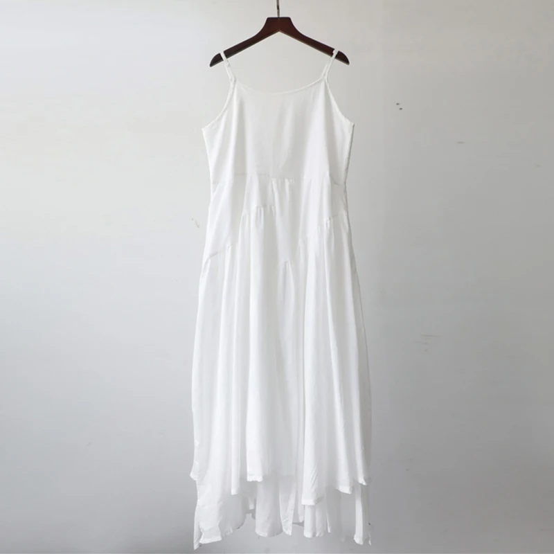 

NINI WONDERLAND 2021 Summer Cotton Irregular Vintage Dress White Women Sleeveless Spaghetti Strap Beach Dresses Mori Girl Dress