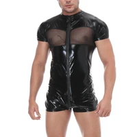 sexy men wetlook undershirts latex catsuit leather jumpsuits pvc mesh bodysuit wrestling singlet men clubwear open crotch zipper