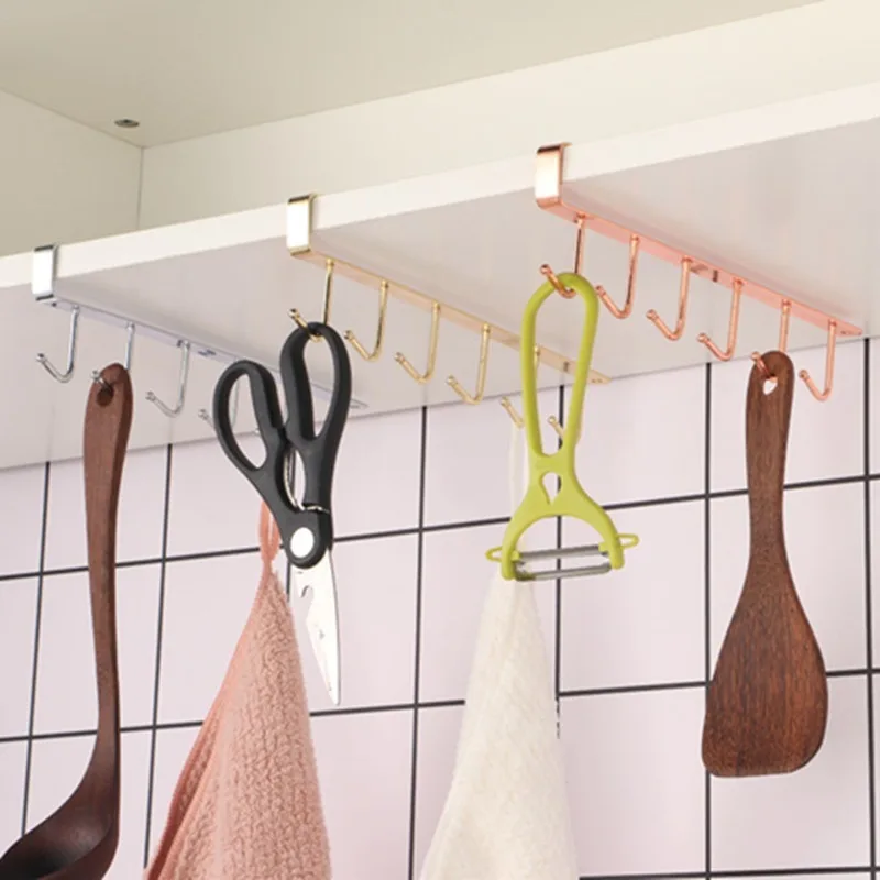 

Kitchen Hanger 6 Hooks Metal Under Shelf Mug Cup Cupboard Kitchen Organiser Hanging Holder Bathroom Storage Rack Kichen Items