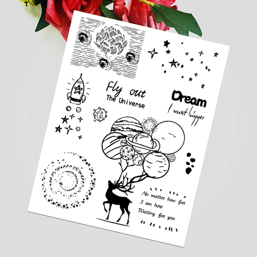 Прозрачные штампы 14x18 см силиконовые Планета с оленем роликовые сделай сам для