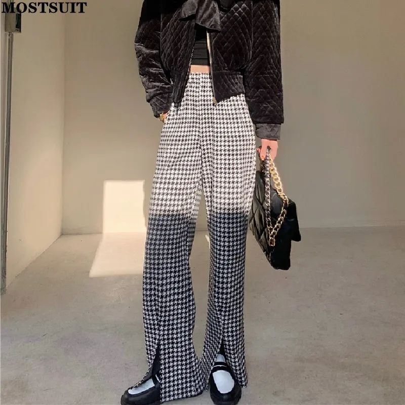 

Autumn Winter Houndstooth Wide Leg Pants Trousers Women Thick Warm High Elastic Waist Straight Split Full-length Pants