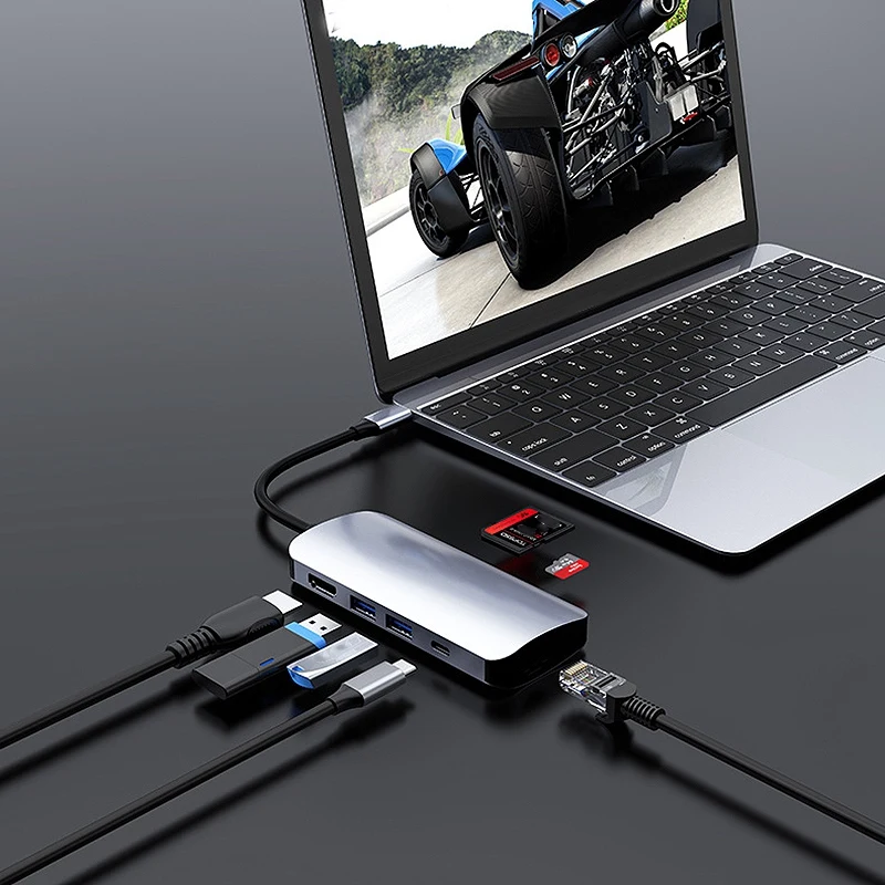 7 в 1 док-станция Type-C USB-C сплиттер подключенный к ноутбуку многофункциональная
