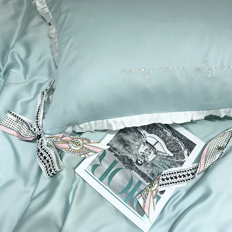 

Modern Style 60S Sky Silk Embroidery High Density 4pcs Duvet Cover Bed Sheet Pillowcases Solid Light Green Blue Queen King
