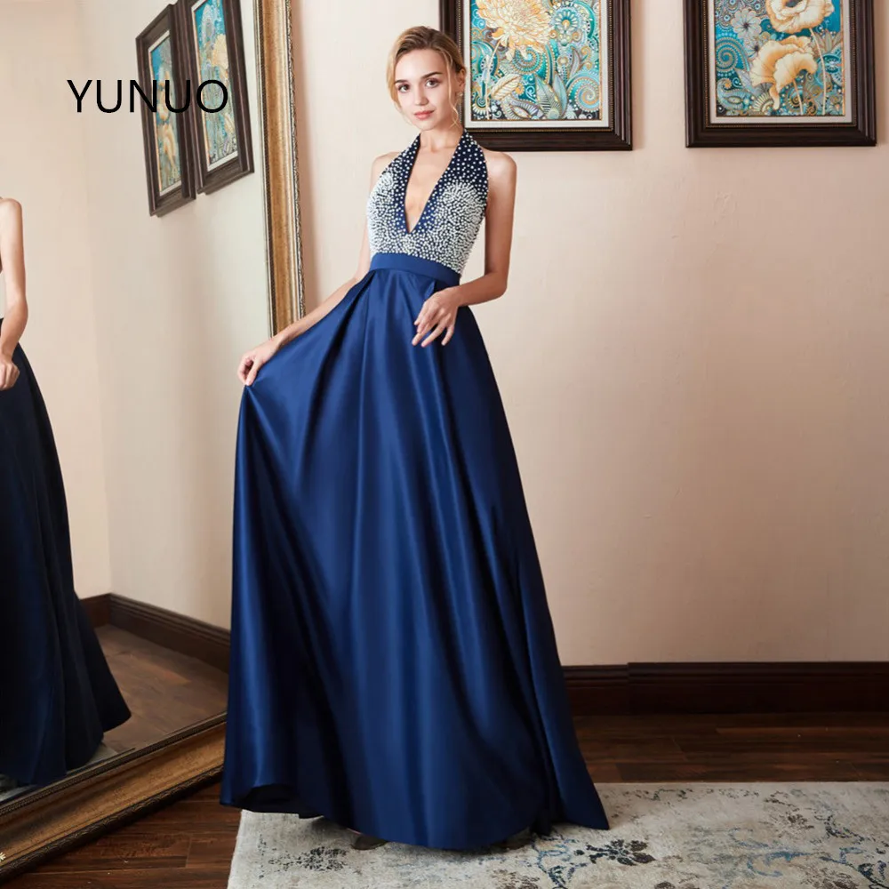 

vestido Prom Dresses 2022 Halter Backless Beads Crystal Party Gowns Sleeveless Satin Party Dress