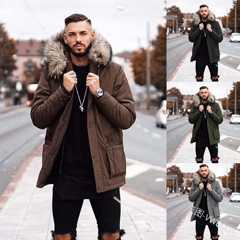 

Lugentolo Fur Collar Coat Mens Winter Plus Size Fashion with Nood Solid Single Breasted Casual Men Clothing