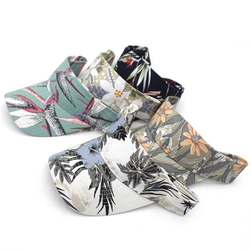 

Novelty Fashion Summer Tropical Style Trip Beach Printed Flowers Visor Cap Empty Top Adjustable Hats Casquette Sun Cap