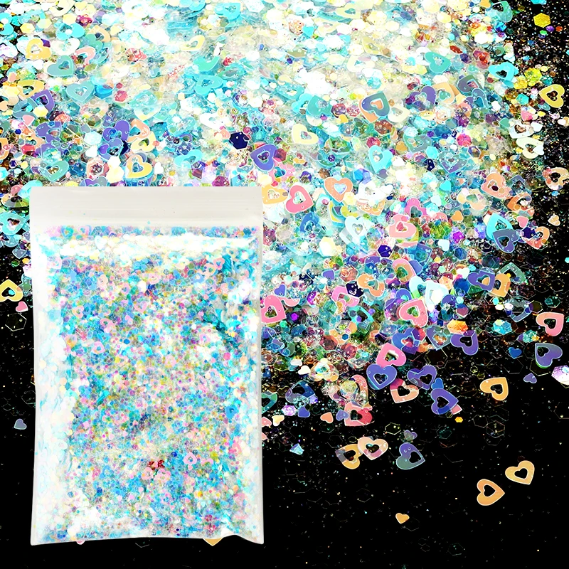 

30g/bag heart-shaped Mermaid Nail Art Glitter Mix Size Chunky-Hexagon Laser Sequins 12 Color Valentine's Sequins