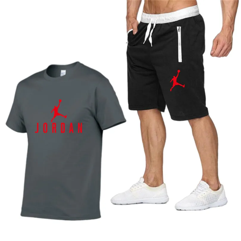 

2021New men's 100% cotton T-shirt + sports shorts 2-piece combination, men's - brand leisure suit, plus size sports suit