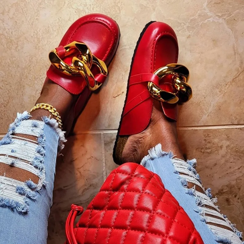 

Sandals Metal Chain Decoration Baotou Slippers Female Summer New Large Size Big Head Lazy Shoes