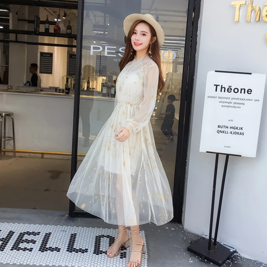 Женское плиссированное платье элегантное Сетчатое с вышивкой в виде звезд