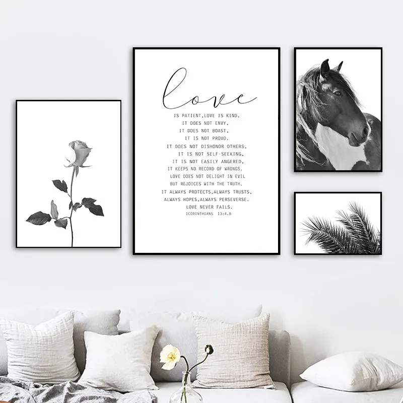 Черный белый цвет Лошадь Wall Art Холст Картина печатный плакат с кружевом детские