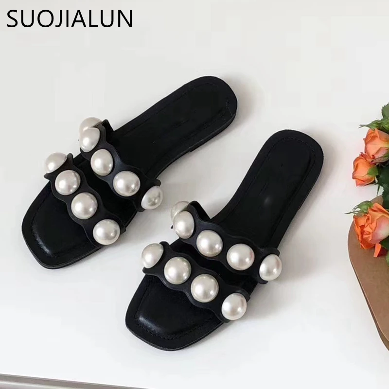 SUOJIALUN тапочки на плоской подошве женские модные брендовые шлепанцы с жемчужинами