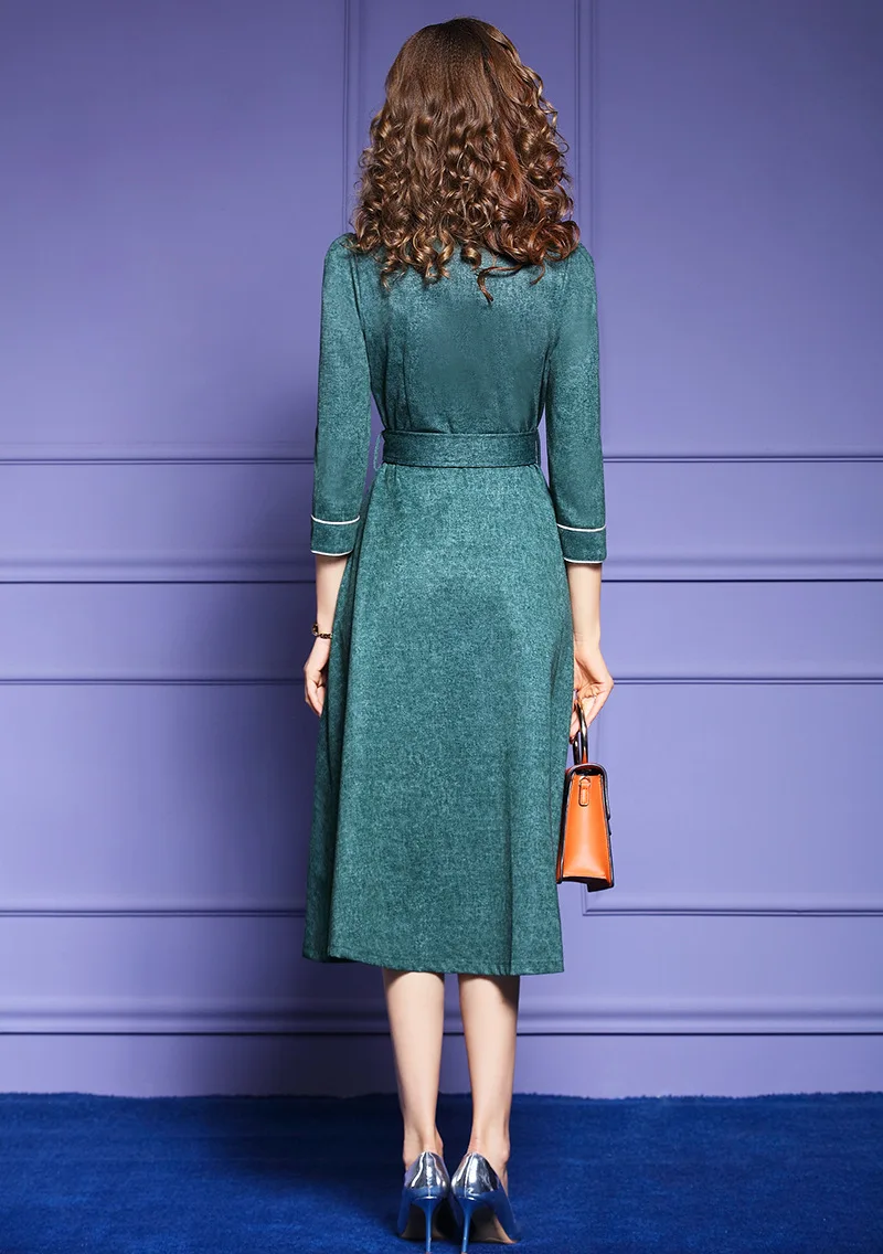 

2021 New Solid French Party Dress Women's Autumn Spring New Style Retro Office Lady High Waist Mid Length A-line Dress with Belt