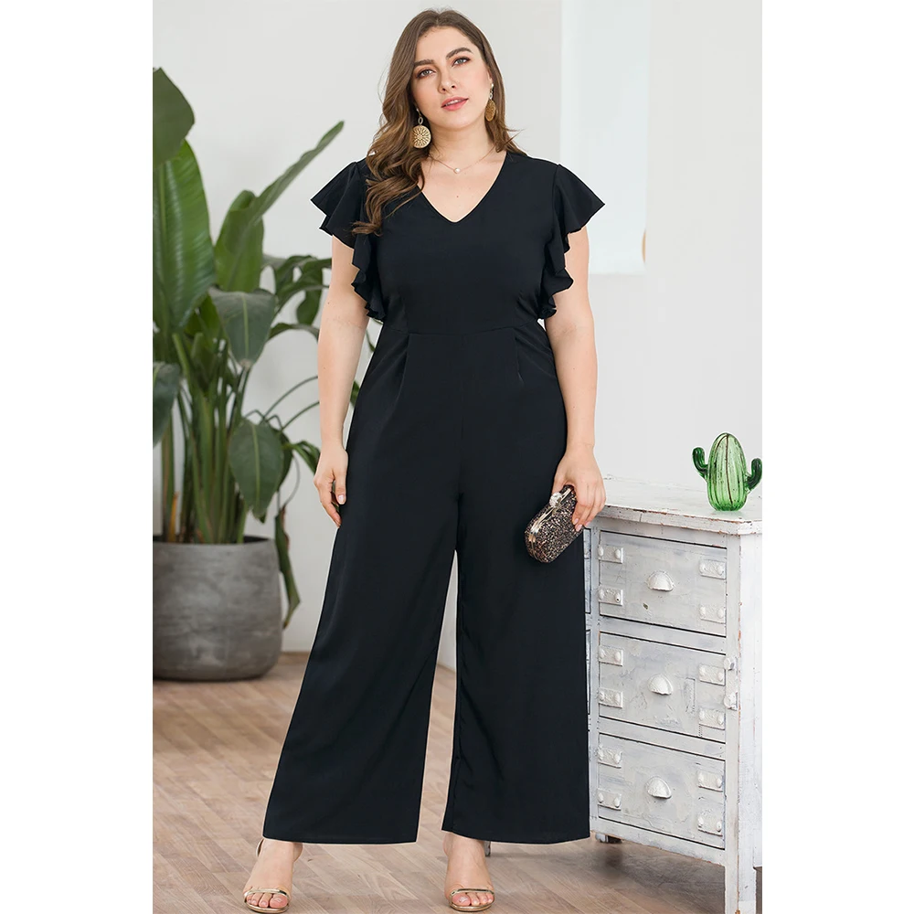 AIYIGU женский комбинезон большой размер черная одежда с v образным вырезом