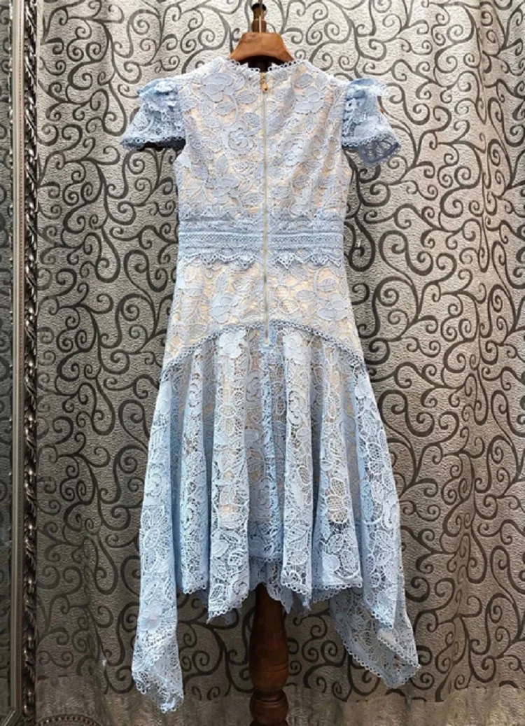

Top Quality New Lace Dress 2021 Summer Party Events Women O-Neck Allover Lace Crochet Embroidery Short Sleeve Sexy Blue Dress