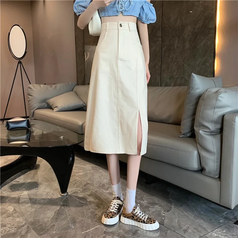 Apricot Black Split Denim Skirt 2021 Summer Autumn Women's Long Denim Skirt Vintage High Wasit Jeans Skirt Straight Pencil Skirt