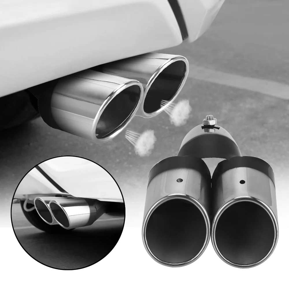 

Universal Car Exhaust Trim Muffler PipeTail Car Accessories Stainless Steel Curved Double Outlet Car Decoration Chrome Tail Pipe