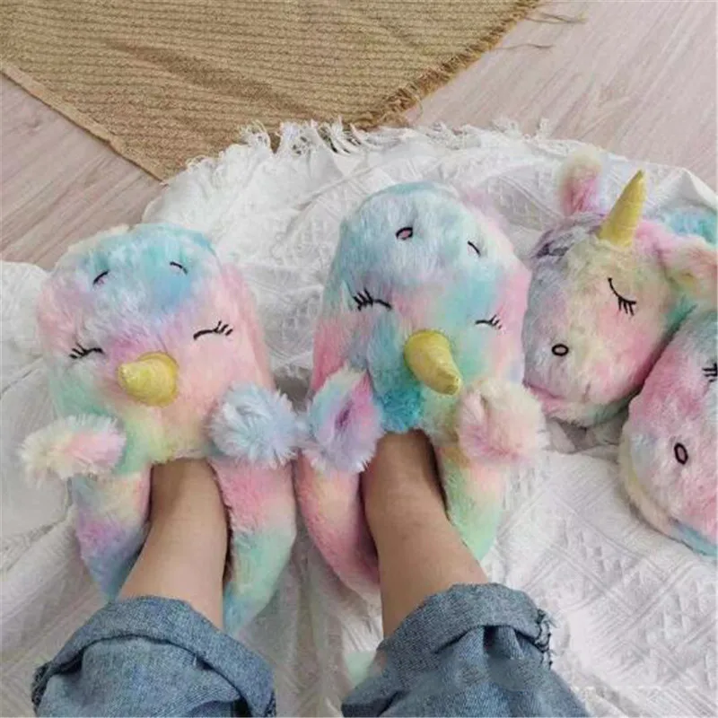 Тапки женские зимние хлопковые с мультяшным единорогом плюшевые сланцы
