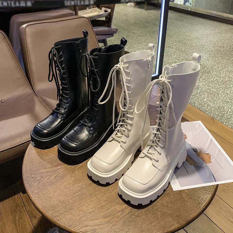 

Женские ботинки на молнии, белые ботинки до середины икры, с низкой резиновой подошвой, в римском стиле, Осень-зима 2021