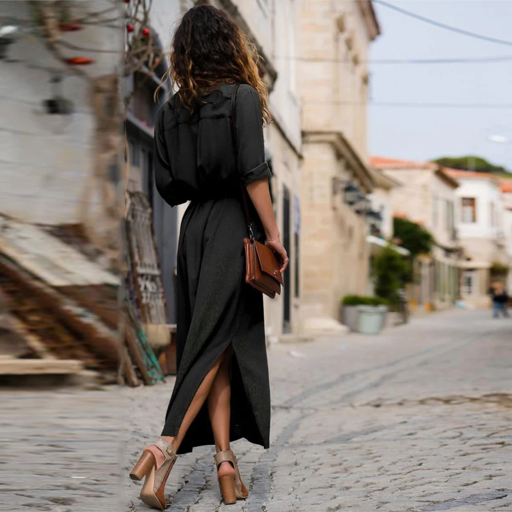 Bikitique свободное однотонное платье-рубашка с длинным рукавом и воротником для