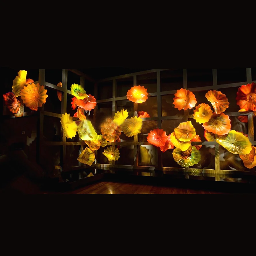 

Hand Blown Lamp Decorative Luxury Flower Sconce Gallery Wall Art Elegant Orange Yellow Murano Glass Plates