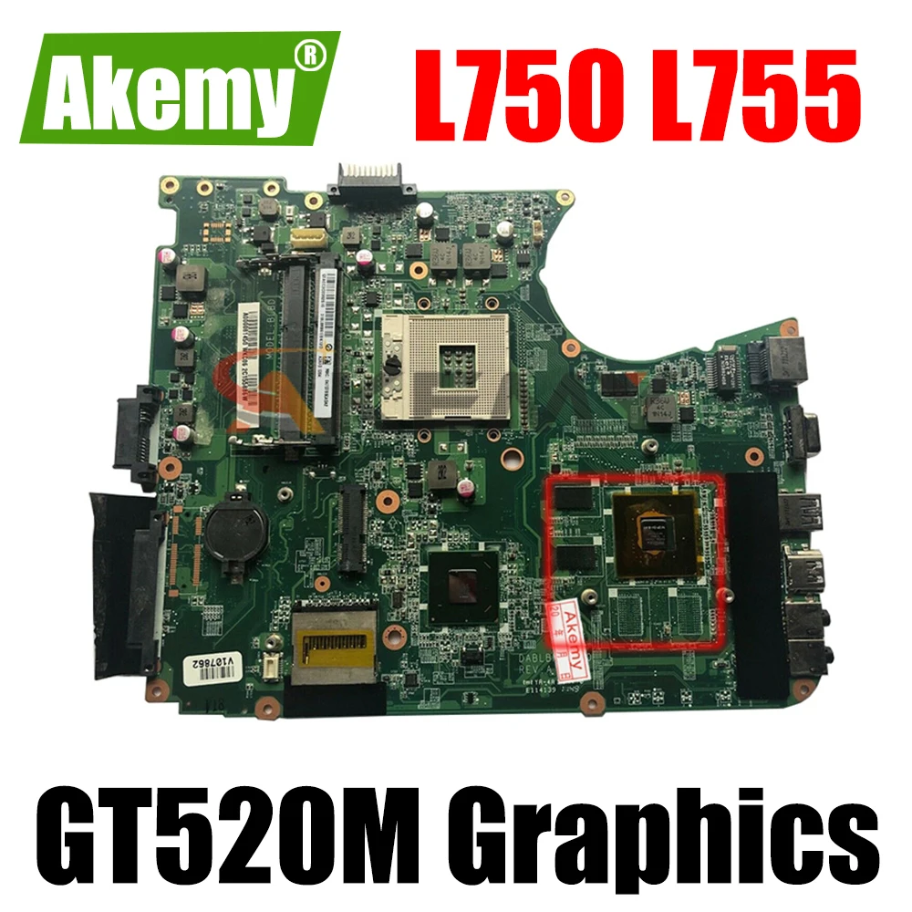 

Материнская плата AKEMY A000081450 DABLBMB28A0 для ноутбука TOSHIBA Satellite L750 L755, материнская плата HM65 DDR3 GT520M, графика