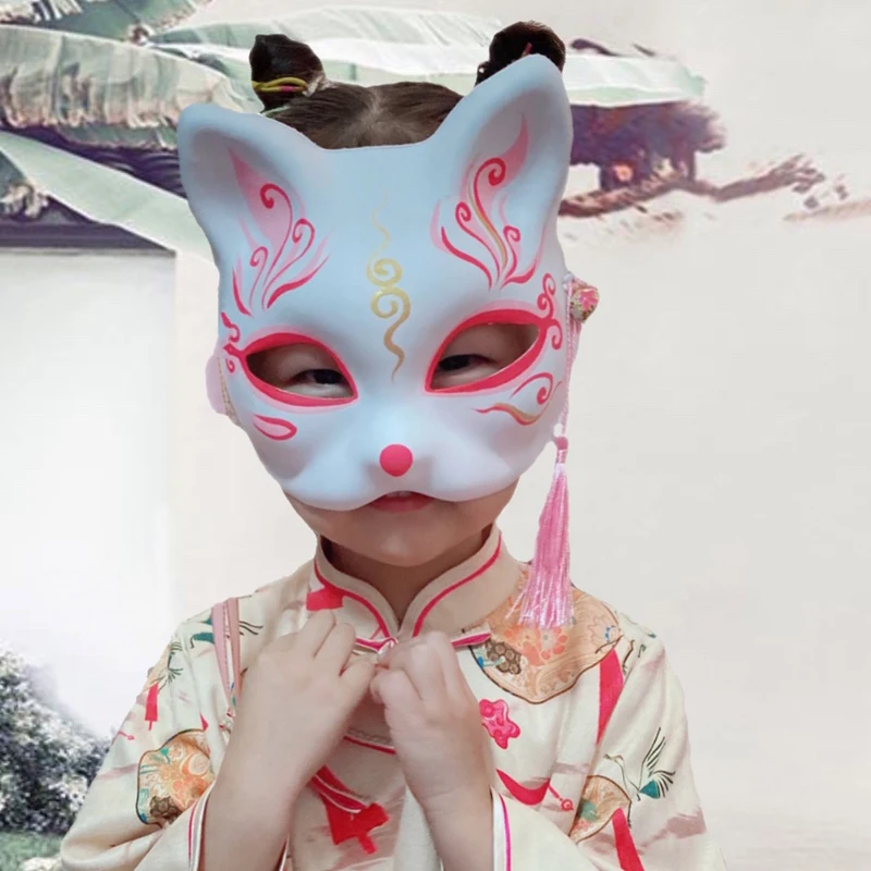 Cherry Blossom Cat Mask Japanese Style Cosplay Costume Party Half Face Masks With Tassels Bell Masquerade Festival Accessories