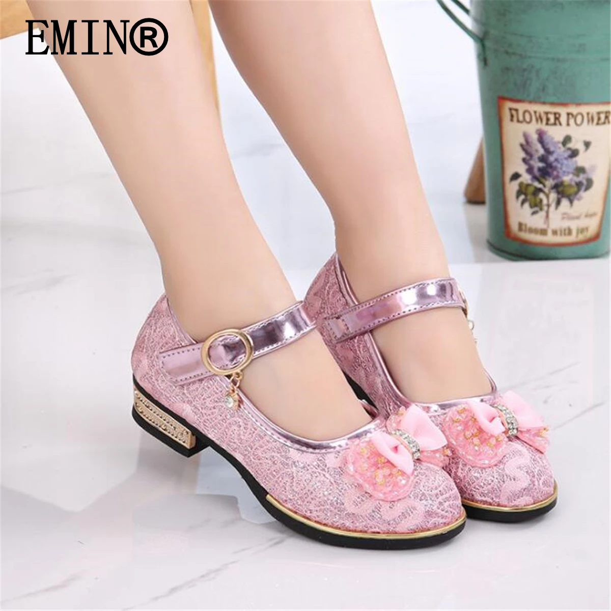

2022Children Leather Shoes Fashion Lace Bead Bowtie Low Heel Shoes Spring Kids Girls Princess Performance