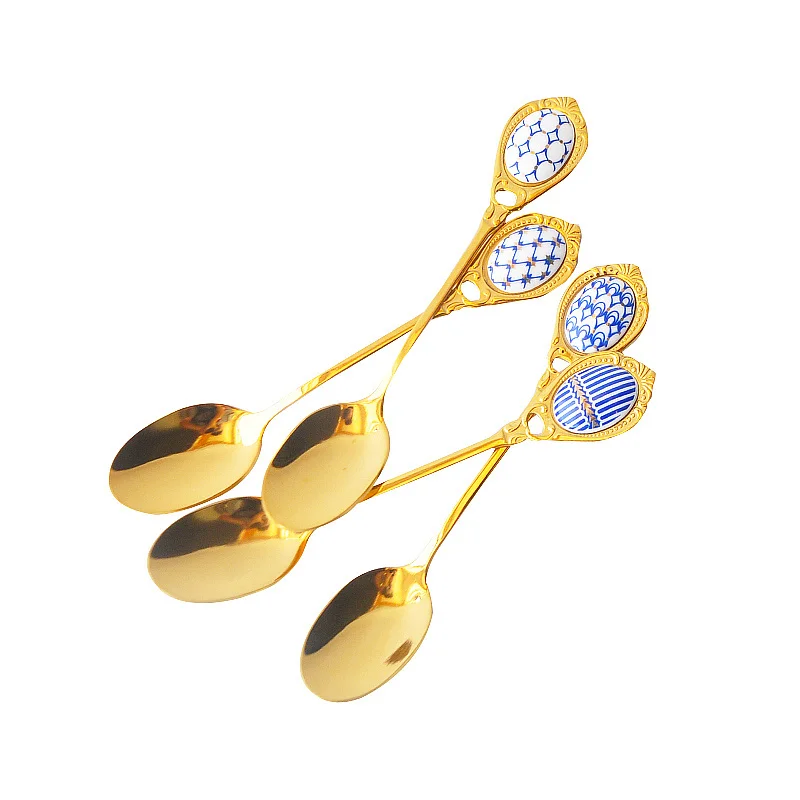 Креативная десертная ложка из нержавеющей стали круглая Золотая чайная для