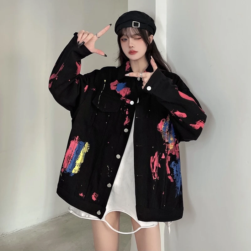 

Женская джинсовая куртка в Корейском стиле, винтажная Черная куртка в стиле Харадзюку с принтом, модный однобортный свободный женский топ, ...