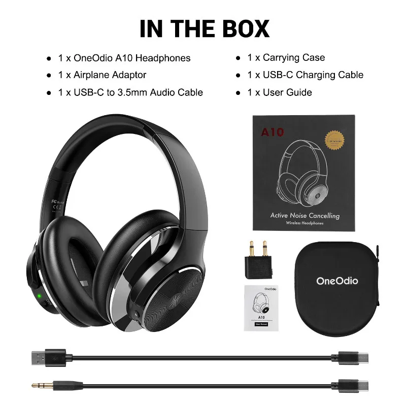 Oneodio A10 ANC Bluetooth 5,0, наушники, 40 h, беспроводная гарнитура для телефона, Накладные наушники, активные наушники с шумоподавлением, быстрая зарядка