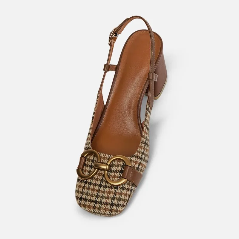 

Vintage 2021 Summer Scotland Plaid Houndstooth Metal Chain Real Leather Women Block High Heels Slingback Shoes Sandals Size 40