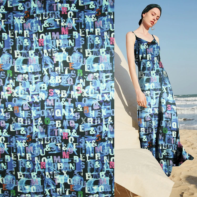 Модный Синий принт со словами шелк хлопок сатин смешанная ткань удобная SCT572 | Дом