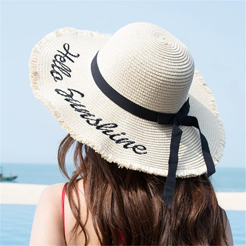 

Embroidery Summer Straw Hat Women Wide Brim Sun Protection Beach Hat 2020 Adjustable Floppy Foldable Sun Hats for Women Ladies