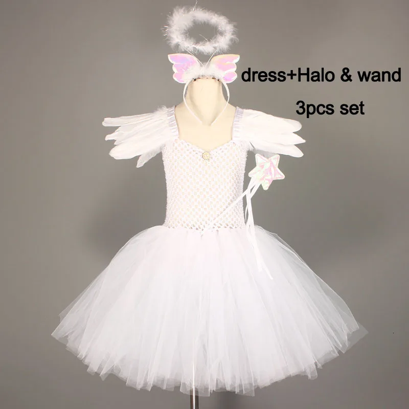 dress and halo wand Белое платье-пачка небесного ангела для девочек с ореолом и блестками, крылья Ангела на спине, детское нарядное платье на Хэллоуин, Рождественский Костюм - Цвет: dress and halo wand