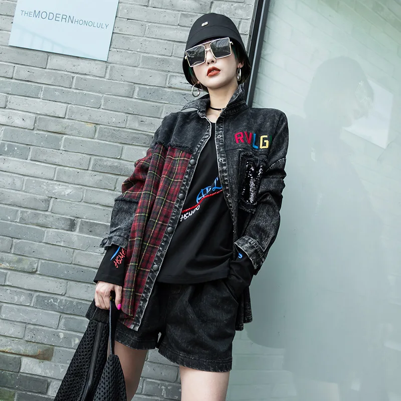 Vefadisa Plus Size Plaid Patchwork Denim Jacket Women 2021 Spring Stitching Color Coat Letter Print QYF3477 |