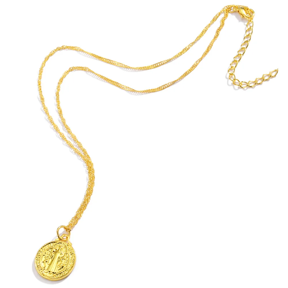 

Stainless Steel San Benito Pendant Necklace For Women Saint Benedict Christian Medal Necklace Mirror Polished Gold Color