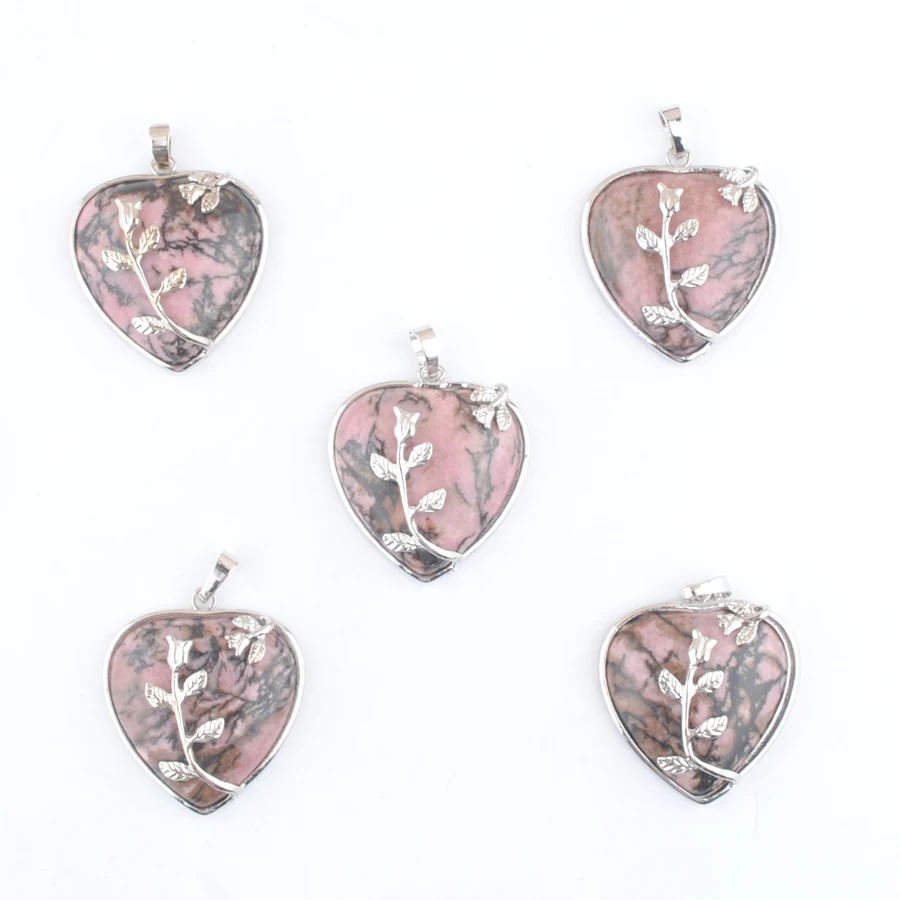 5 шт./лот Подвеска из натурального родонита в форме сердца посеребренный цветок